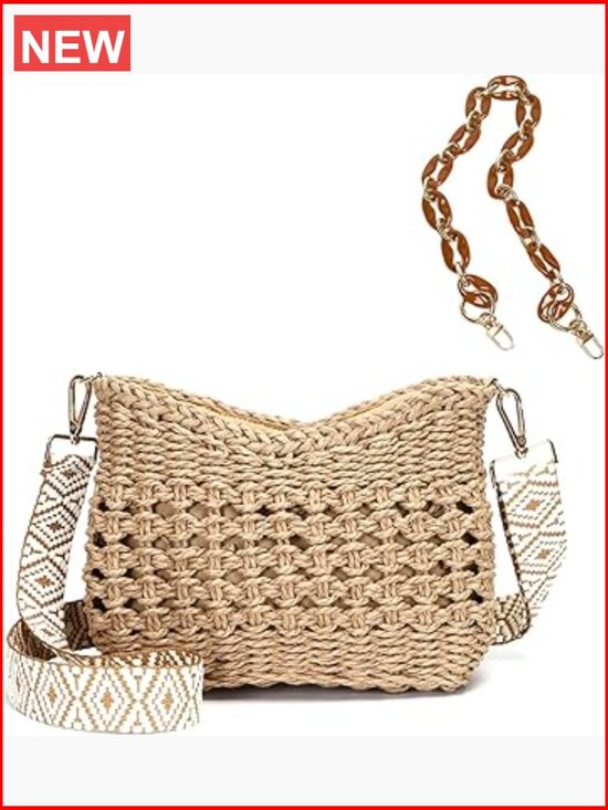 Handbags - Handwoven Straw Crossbody Bag with Adjustable Guitar Strap, Zip Closure